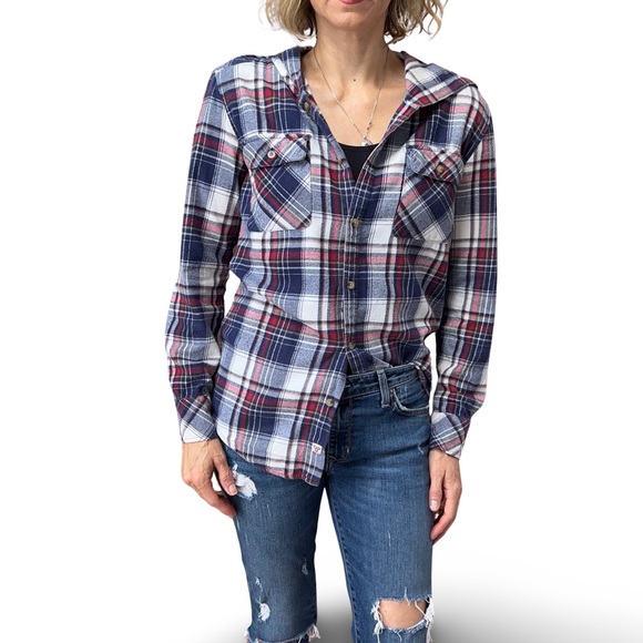 Women's TNA Boyfriend Fit Hooded Blue and Red Plaid XXS - Picture 7 of 16